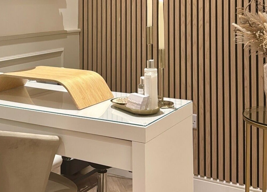 Elegant nail station at Sunday Studio in Horbury, Wakefield, England, GB with modern decor and natural accents.