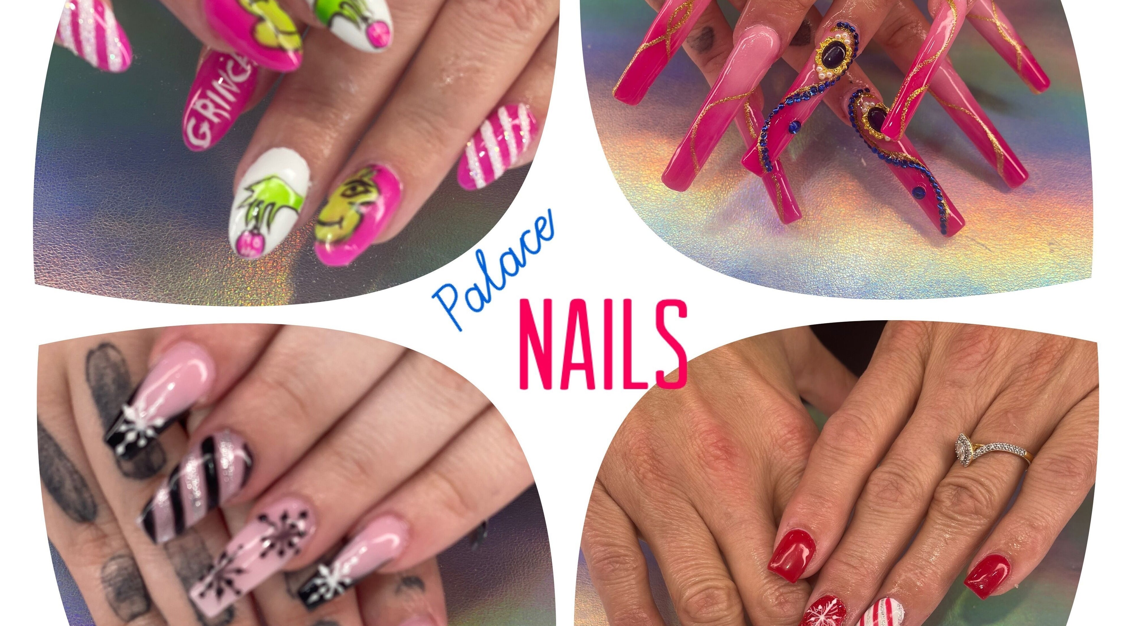 Vibrant nail designs at Palace Nails in Bowling Green, Kentucky, US showcasing intricate art and creativity.