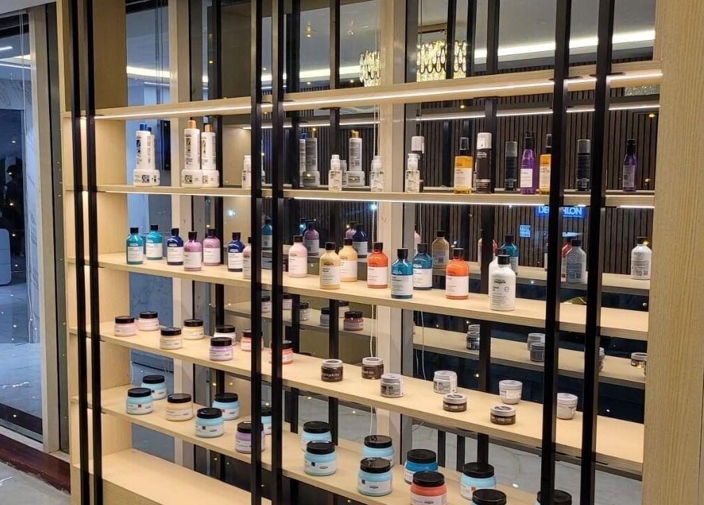 Elegant display of beauty products at VOX - The Luxury Salon, Hyderabad, Telangana, IN.