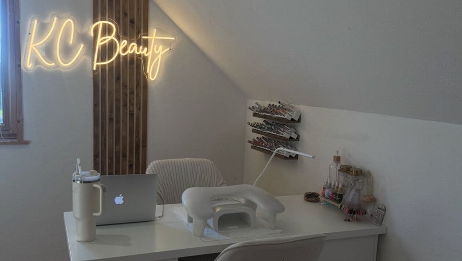 Chic nail station at K.C Beauty, Culloden Moor, Scotland, GB with elegant decor and nail supplies.