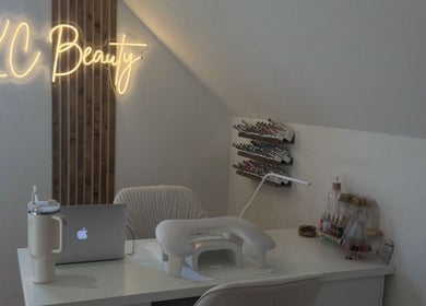 Chic nail station at K.C Beauty, Culloden Moor, Scotland, GB with elegant decor and nail supplies.