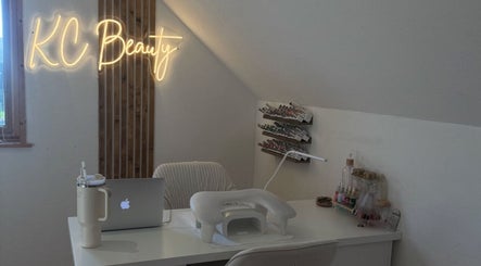 Chic nail station at K.C Beauty, Culloden Moor, Scotland, GB with elegant decor and nail supplies.