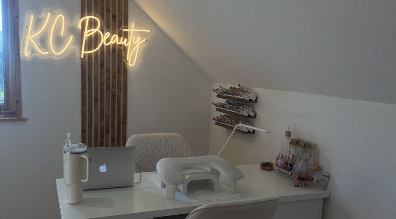 Chic nail station at K.C Beauty, Culloden Moor, Scotland, GB with elegant decor and nail supplies.