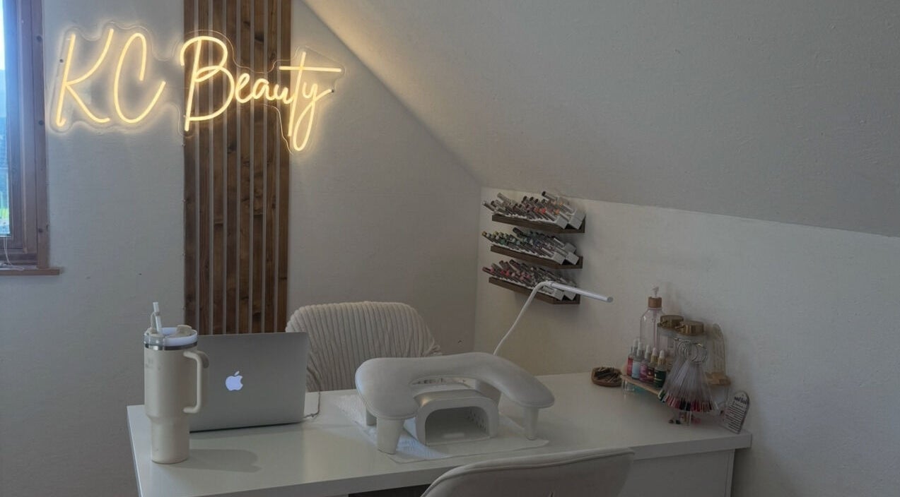 Chic nail station at K.C Beauty, Culloden Moor, Scotland, GB with elegant decor and nail supplies.