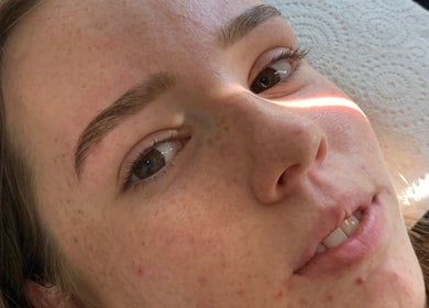 Close-up of a client's face showcasing eyebrow treatment at Dolled Up By Lily, Kelmscott, Western Australia, AU.