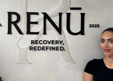 Renū reception area with logo in West Kirby, England, GB