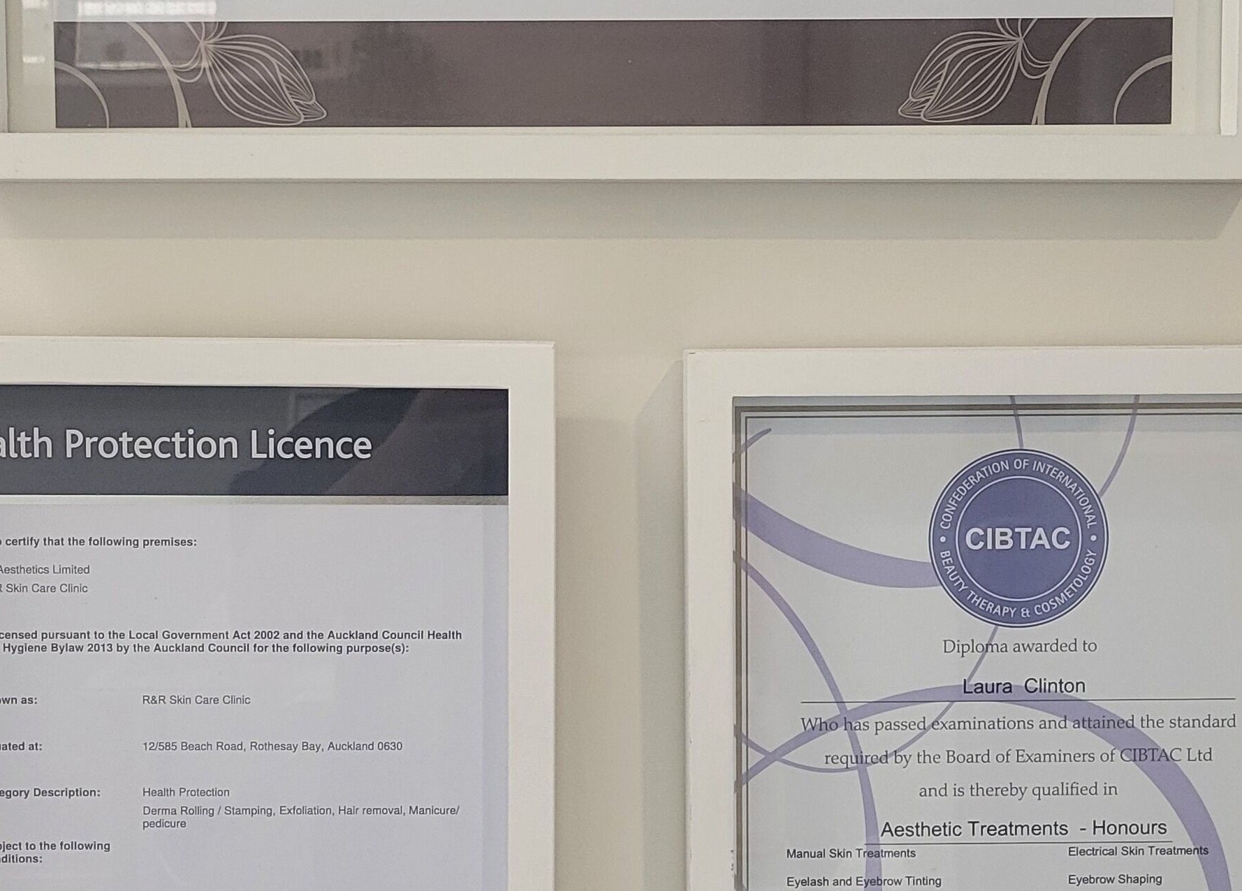 Certificates displayed at R&R Skin Care Clinic, Auckland, Auckland, NZ, showcasing health and beauty credentials.