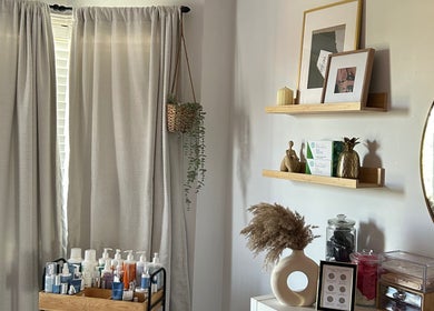 Calming skincare display at Glow Girl Esthetics in Mississauga, Ontario, CA with products and decor.