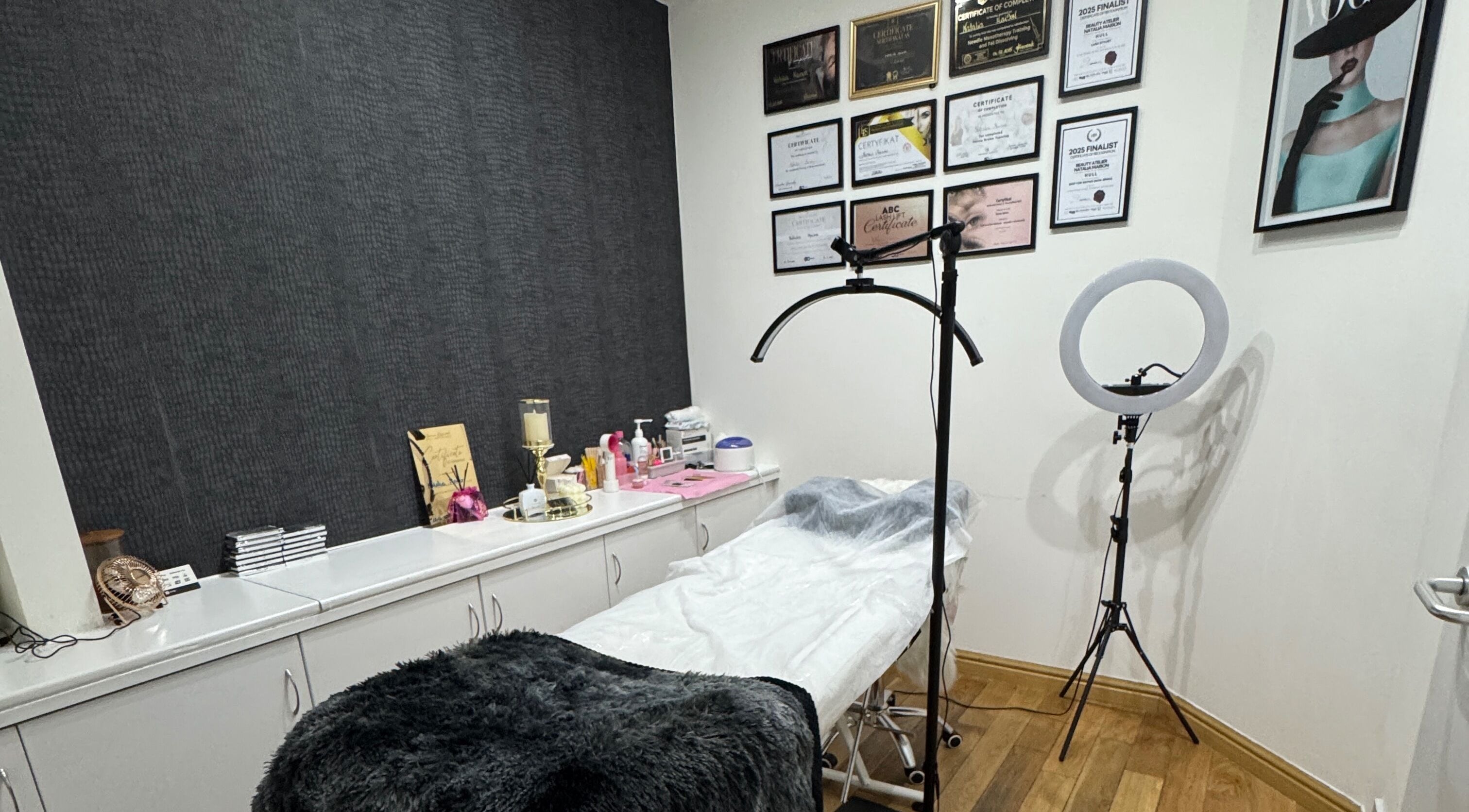 Beauty Atelier NM's elegant treatment room in Hull, England, GB, featuring plush decor and professional equipment.
