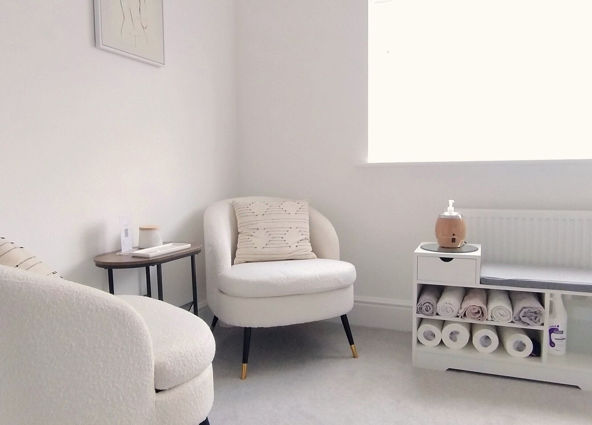 Cozy seating area at Meadow Vale Beauty in Cottingham, England, GB, showcasing minimalist design and soft textures.