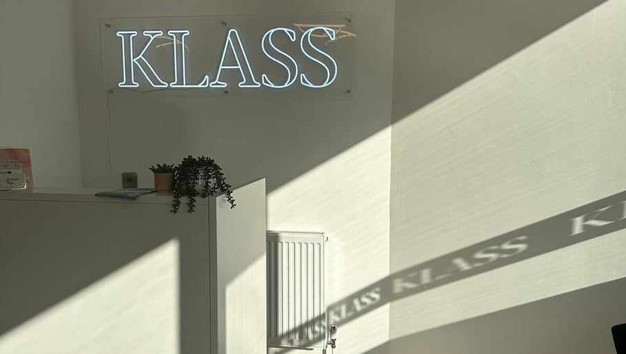 Bright Klass logo inside serene space at Klass, Swinton, England, GB.