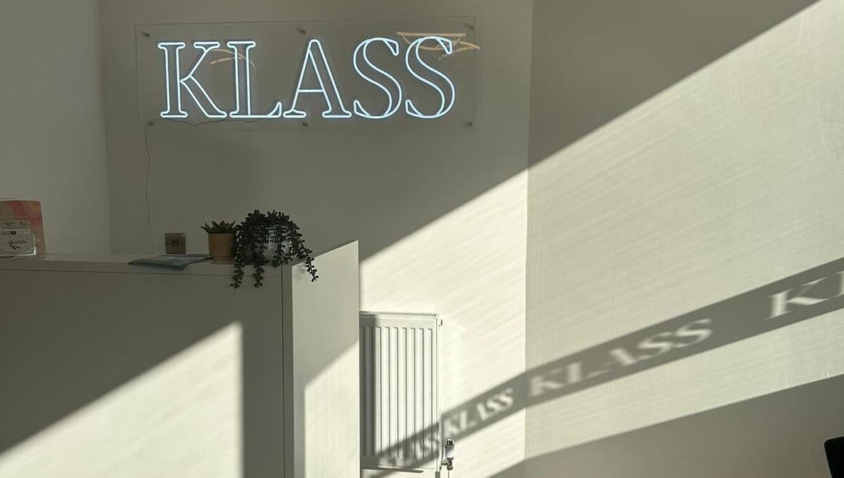 Bright Klass logo inside serene space at Klass, Swinton, England, GB.