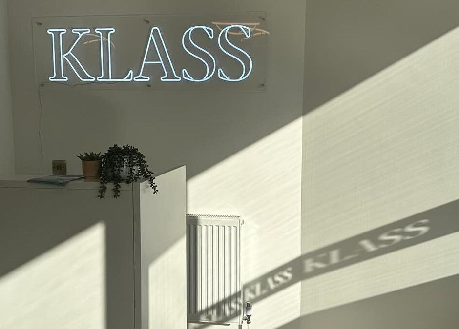 Bright Klass logo inside serene space at Klass, Swinton, England, GB.