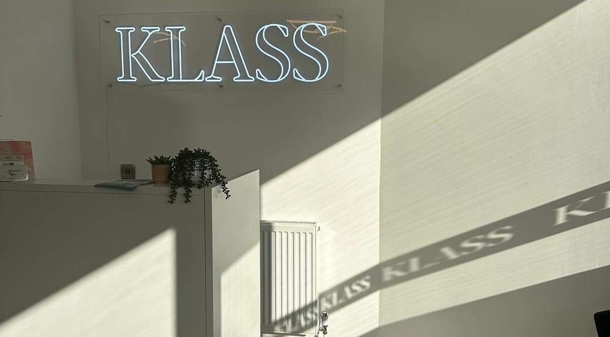 Bright Klass logo inside serene space at Klass, Swinton, England, GB.