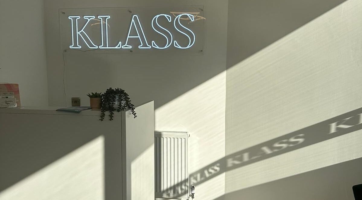 Bright Klass logo inside serene space at Klass, Swinton, England, GB.