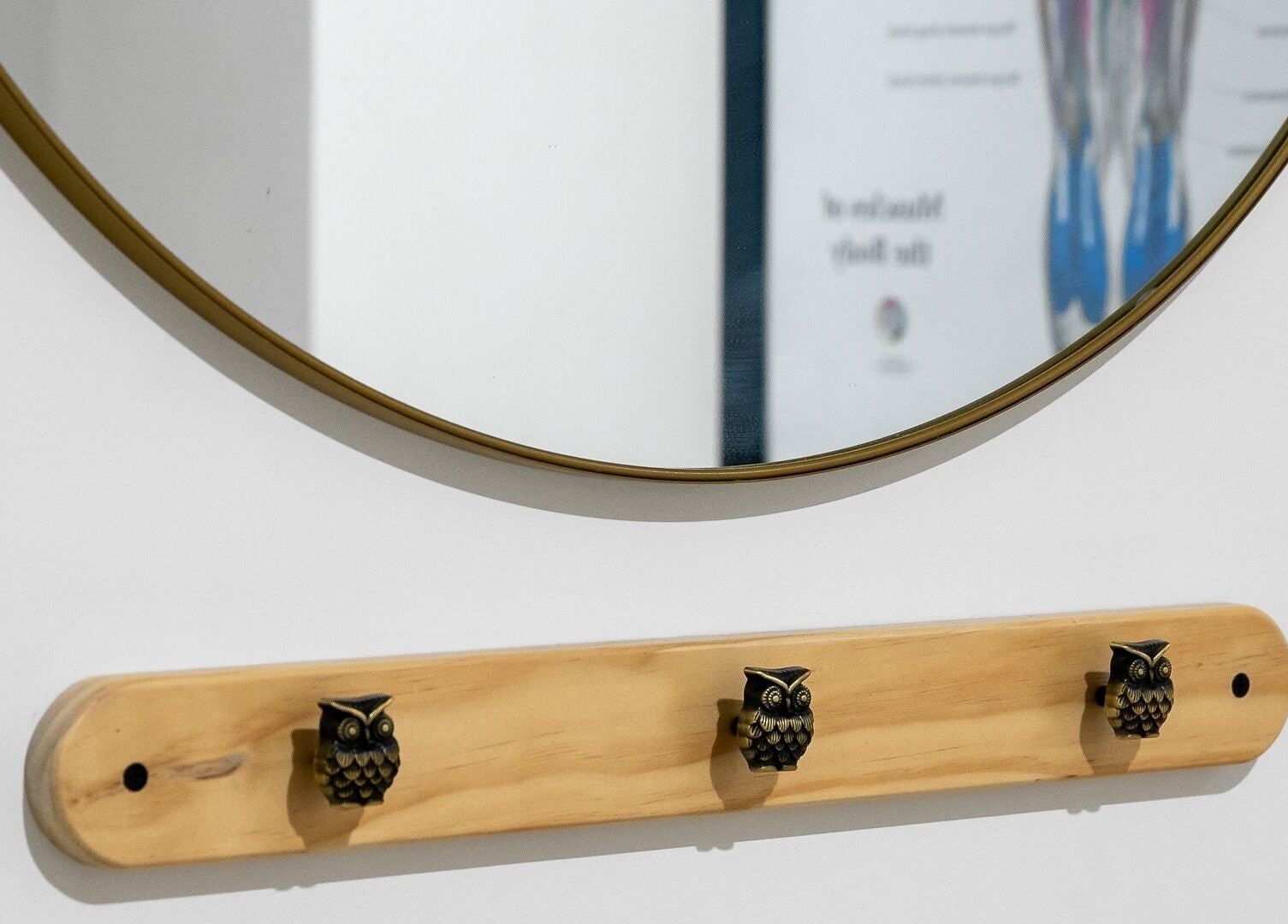 Decorative owl hooks and mirror at Bodyspace Recovery Studio, Jandakot, Western Australia, AU.