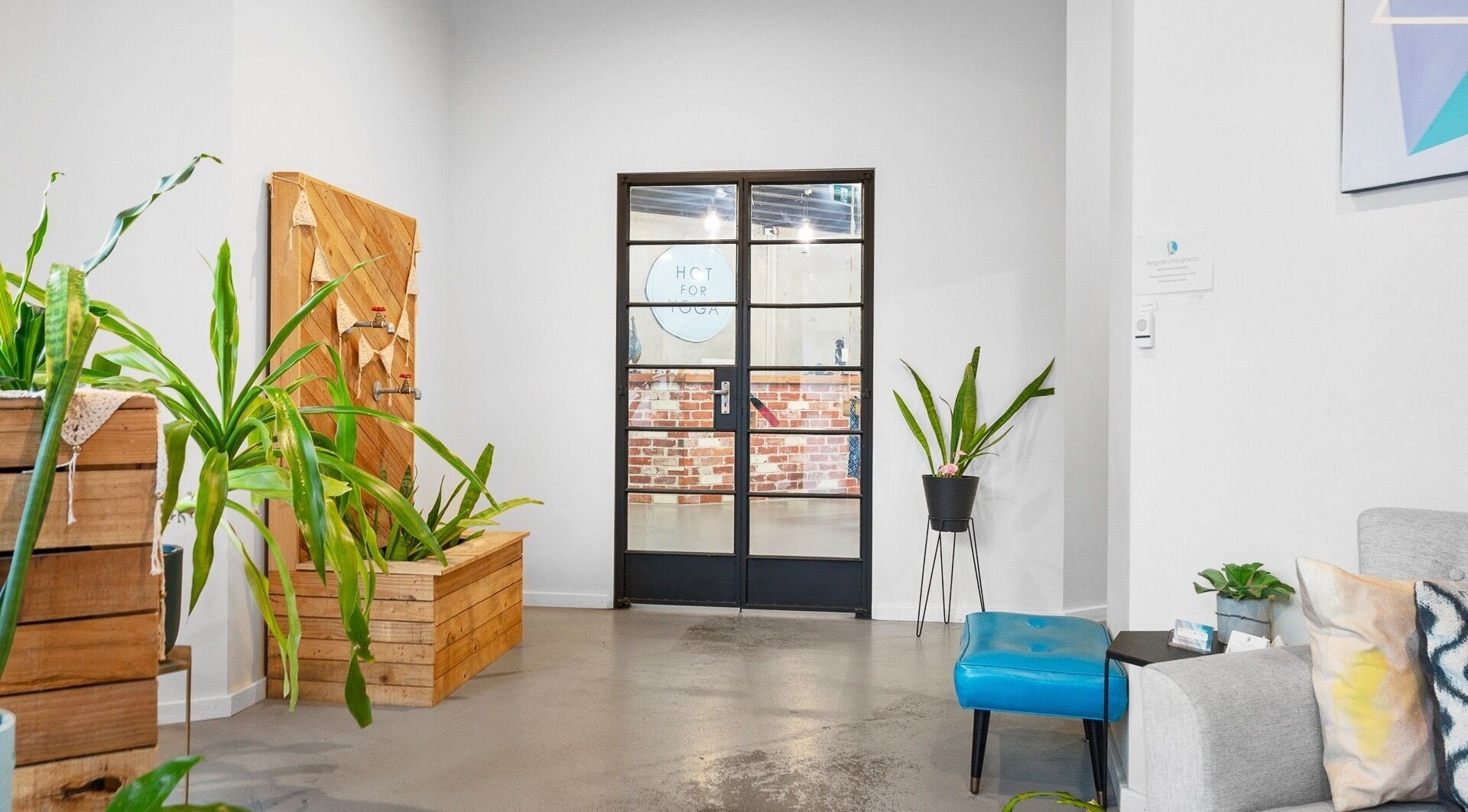 Reception area with plants at Bodyspace Recovery Studio, Jandakot, Western Australia, AU.