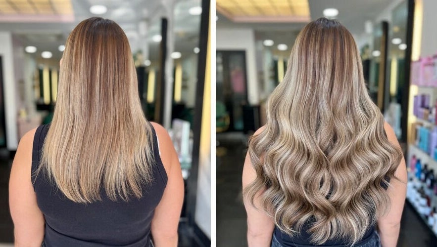 Before and after hair extension transformation at Aura Extensions, Twickenham, England, GB.