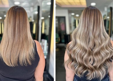 Before and after hair extension transformation at Aura Extensions, Twickenham, England, GB.
