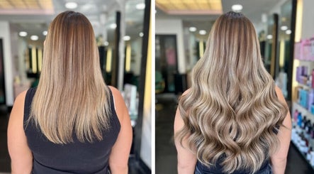 Before and after hair transformation at Aura Extensions, Twickenham, England, GB showcasing voluminous curls.