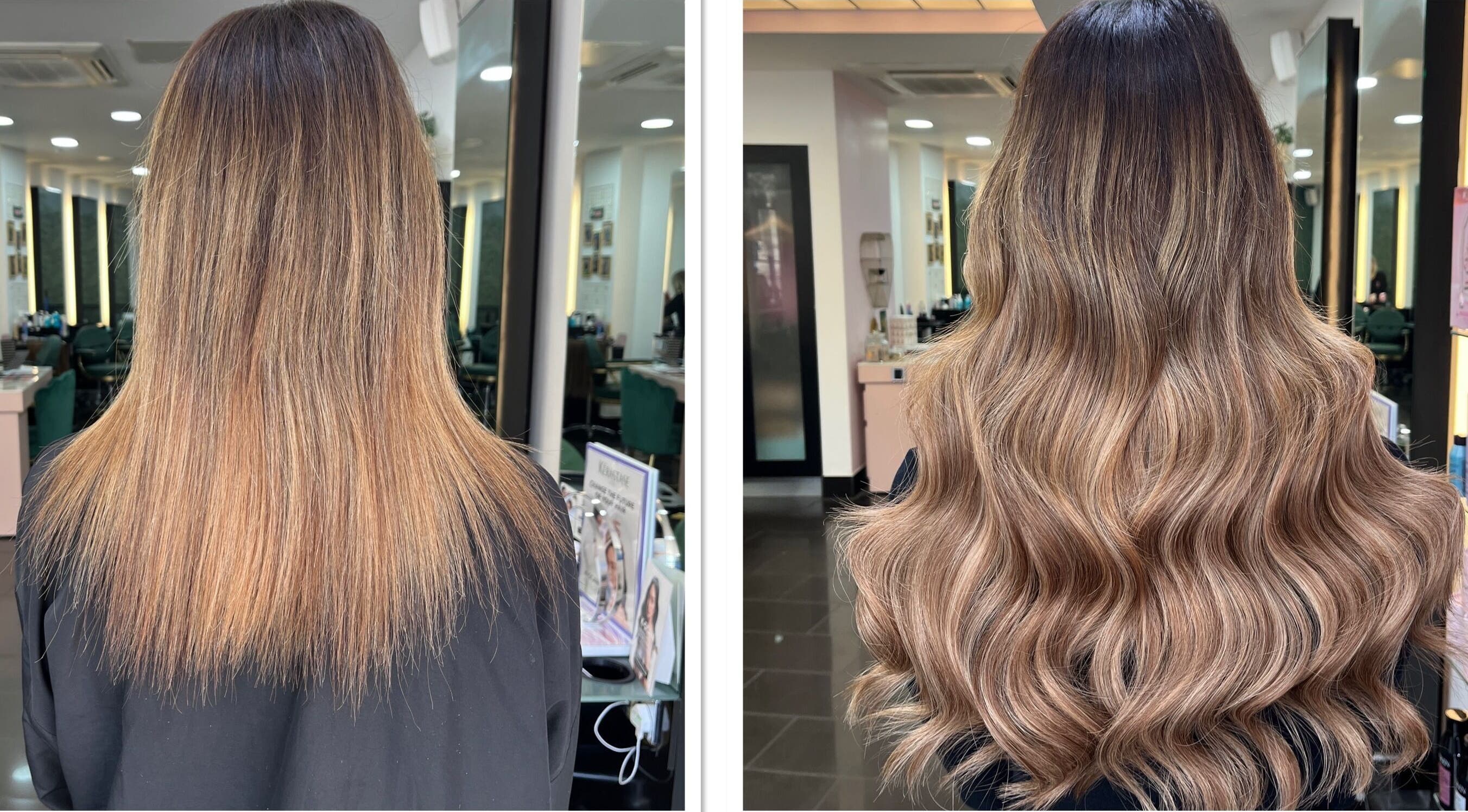 Before and after hair transformation at Aura Extensions, Twickenham, England, GB showcases stunning wavy extensions.