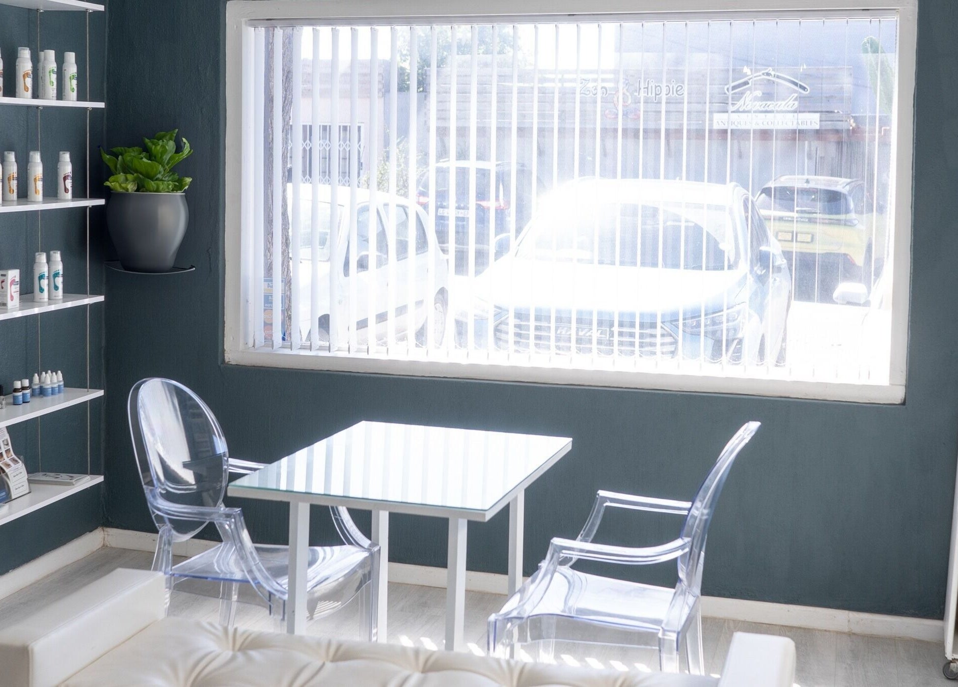 Boutique interior of Aqua Spa & Skin, Surf Village, Jeffreys Bay, Eastern Cape, ZA with modern decor.