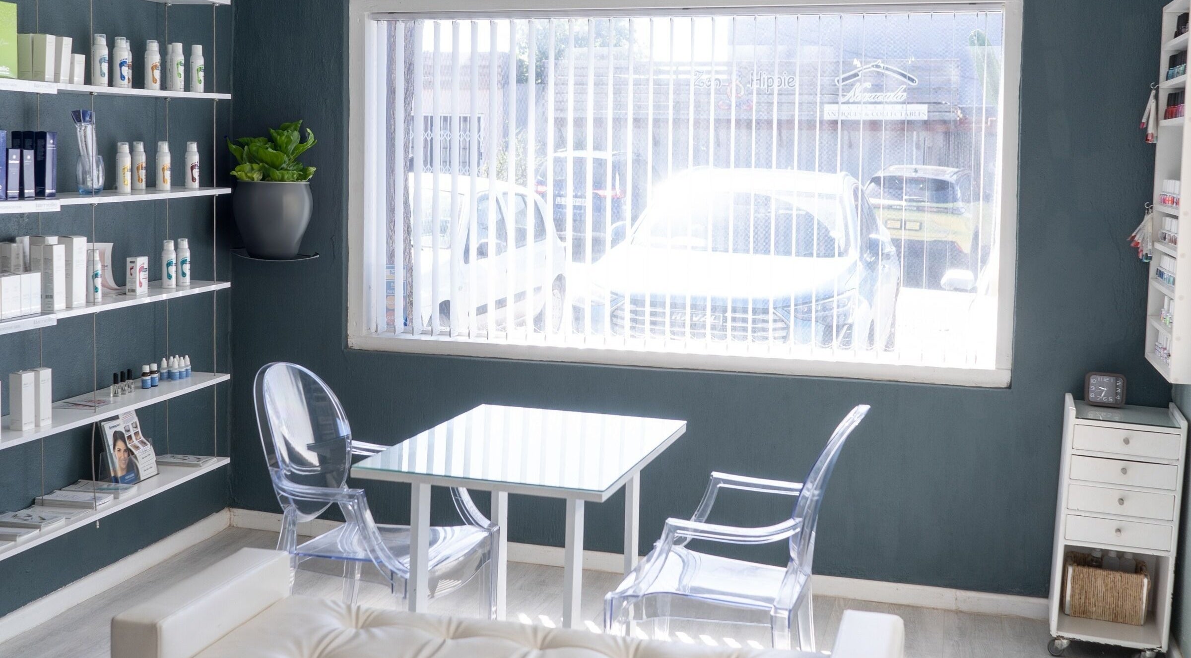 Boutique interior of Aqua Spa & Skin, Surf Village, Jeffreys Bay, Eastern Cape, ZA with modern decor.