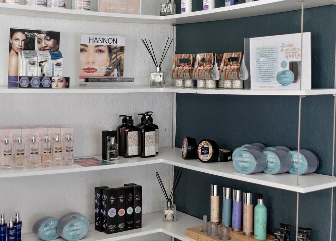 Shelves with beauty products at Aqua Spa & Skin, Surf Village, Jeffreys Bay, Eastern Cape, ZA.