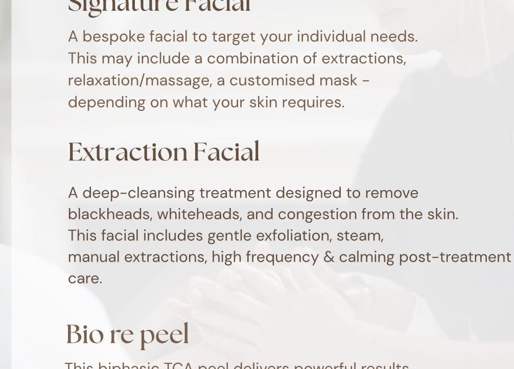 A list of facial treatments available at Skin & Arch, Portadown, Northern Ireland, GB.
