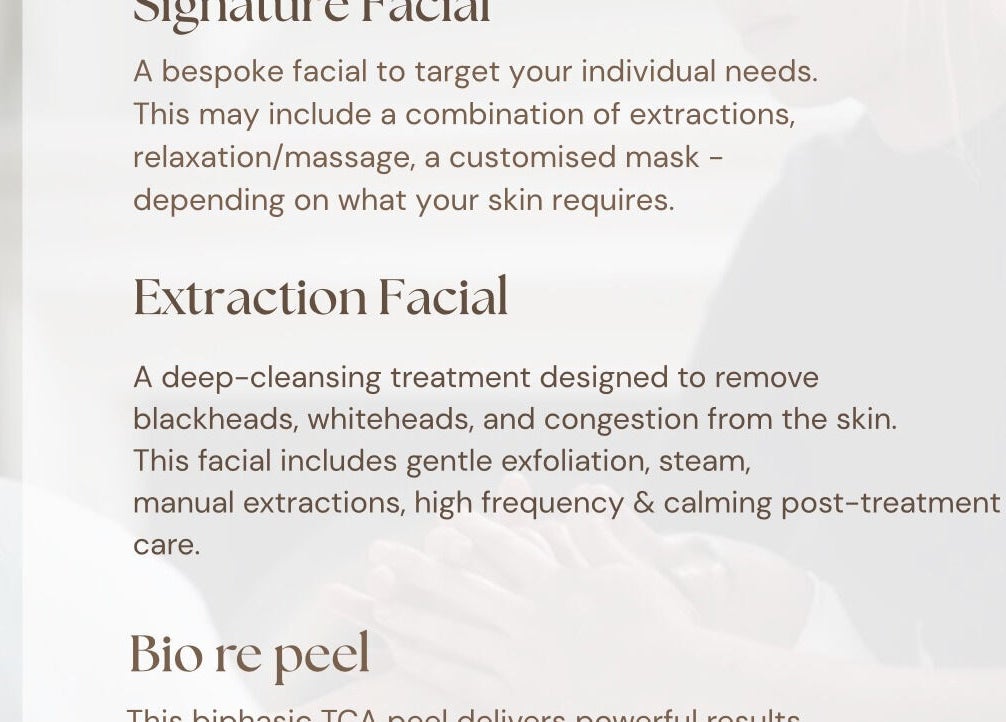 A list of facial treatments available at Skin & Arch, Portadown, Northern Ireland, GB.