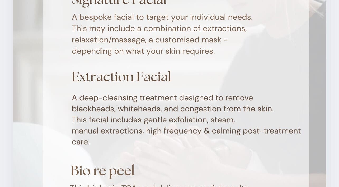 A list of facial treatments available at Skin & Arch, Portadown, Northern Ireland, GB.
