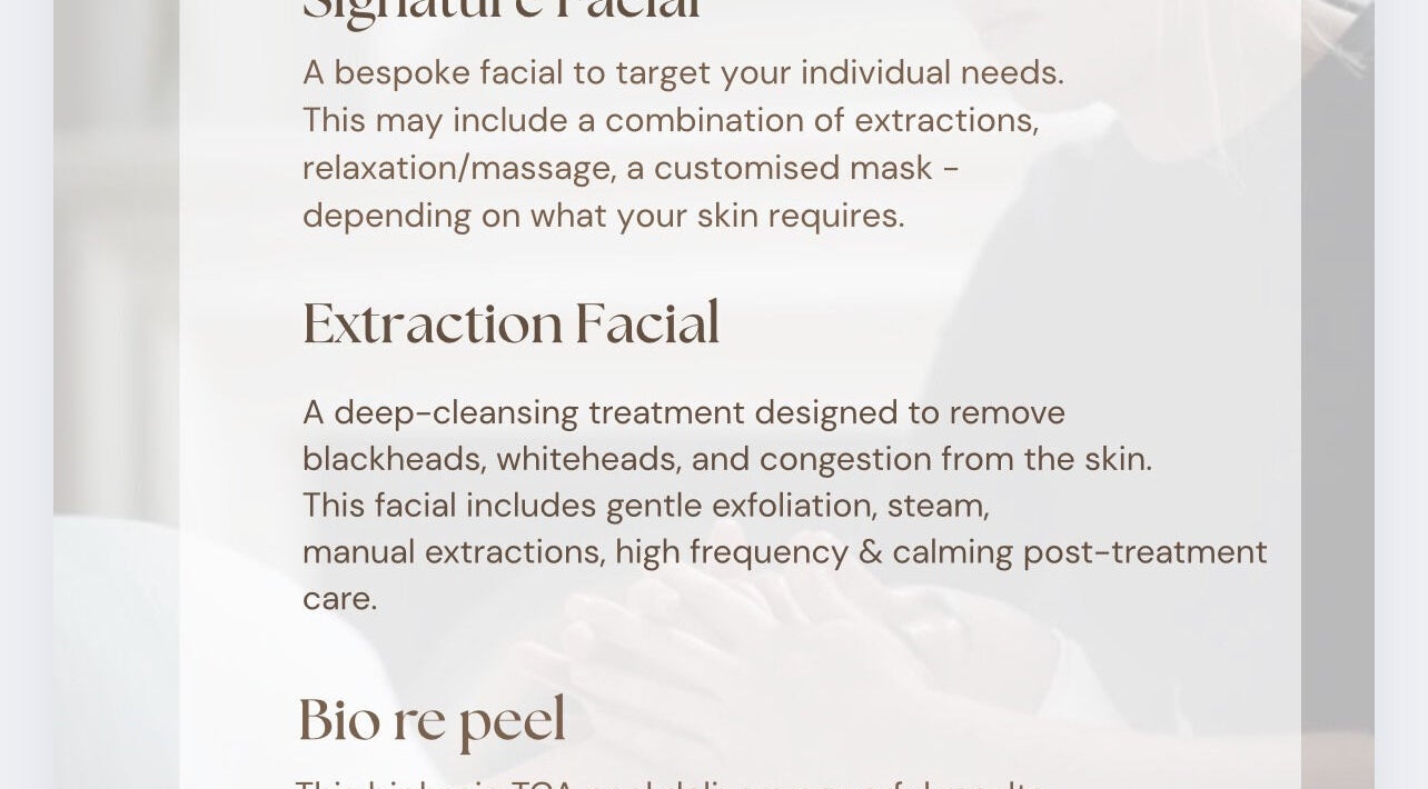 A list of facial treatments available at Skin & Arch, Portadown, Northern Ireland, GB.