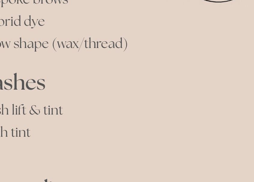 Service menu for brows and lashes at Skin & Arch in Portadown, Northern Ireland, GB.