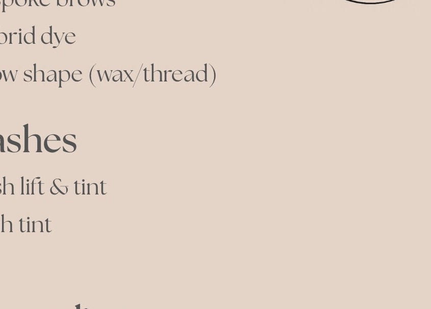 Service menu for brows and lashes at Skin & Arch in Portadown, Northern Ireland, GB.