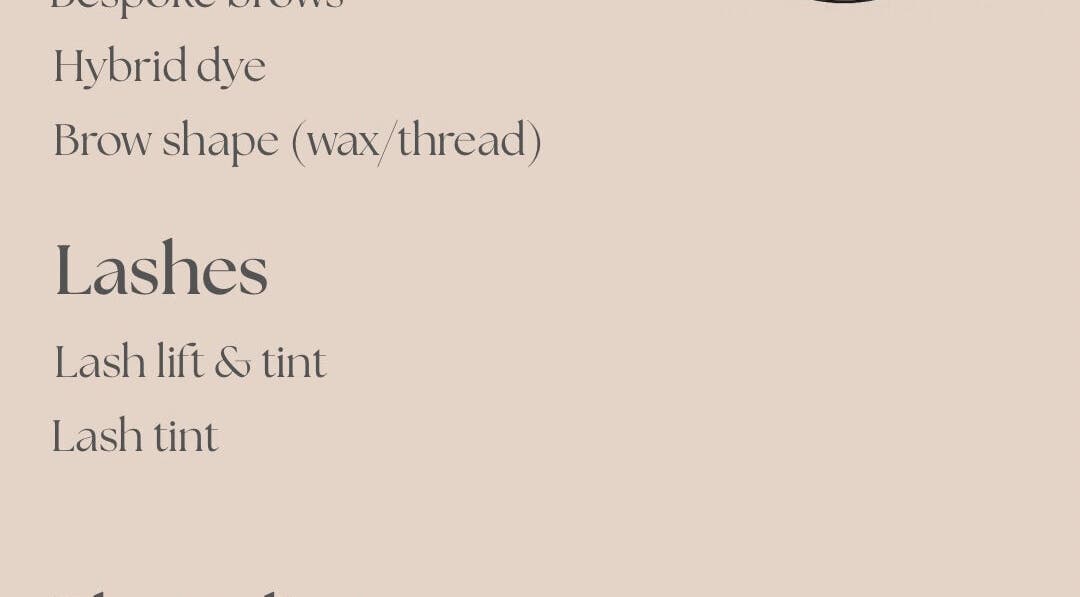 Service menu for brows and lashes at Skin & Arch in Portadown, Northern Ireland, GB.