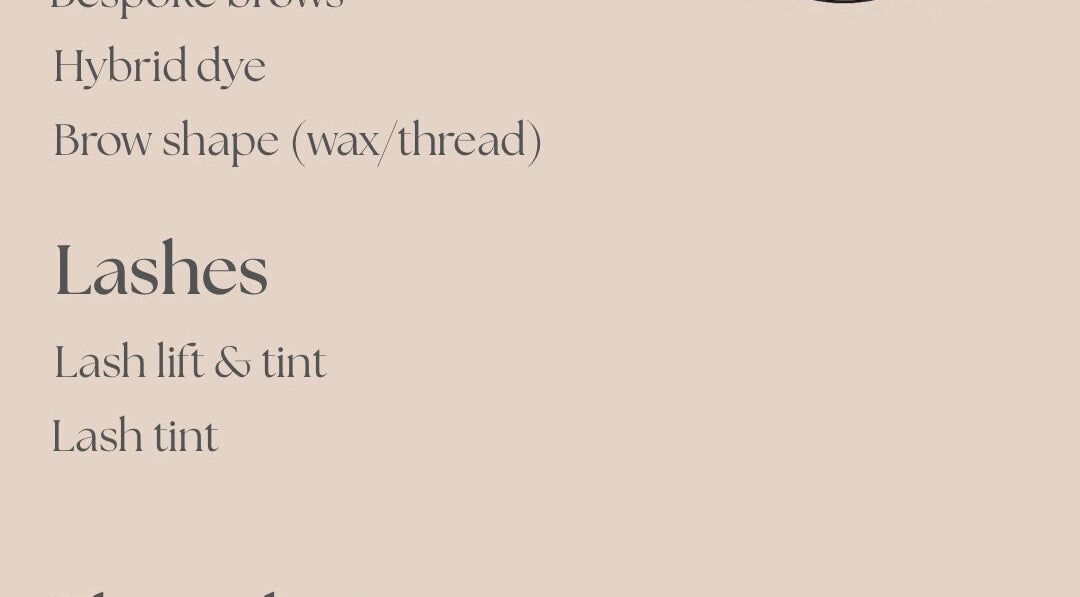 Service menu for brows and lashes at Skin & Arch in Portadown, Northern Ireland, GB.