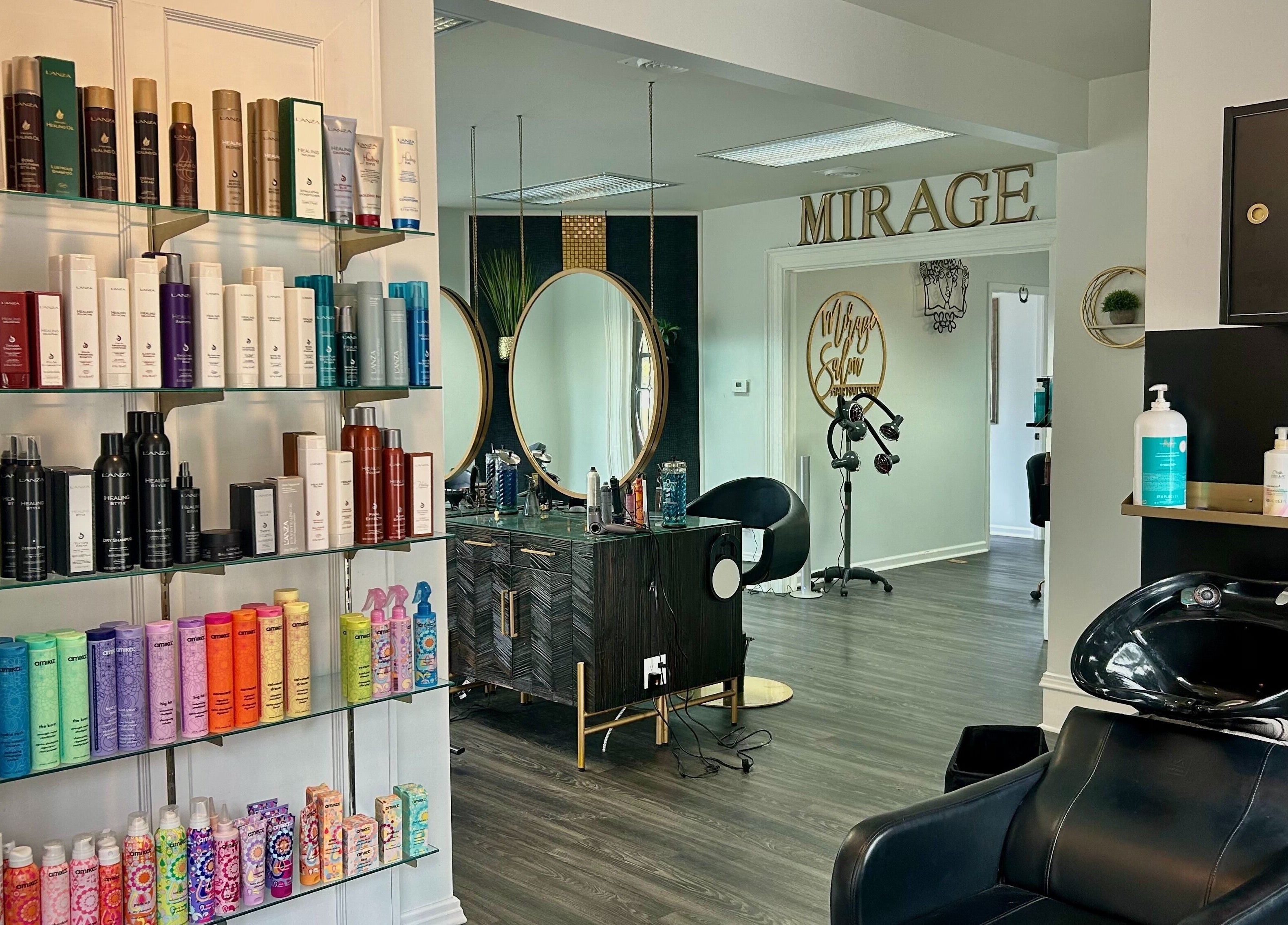 Interior of Mirage Salon in Jamestown, New York, US with hair products and styling stations.
