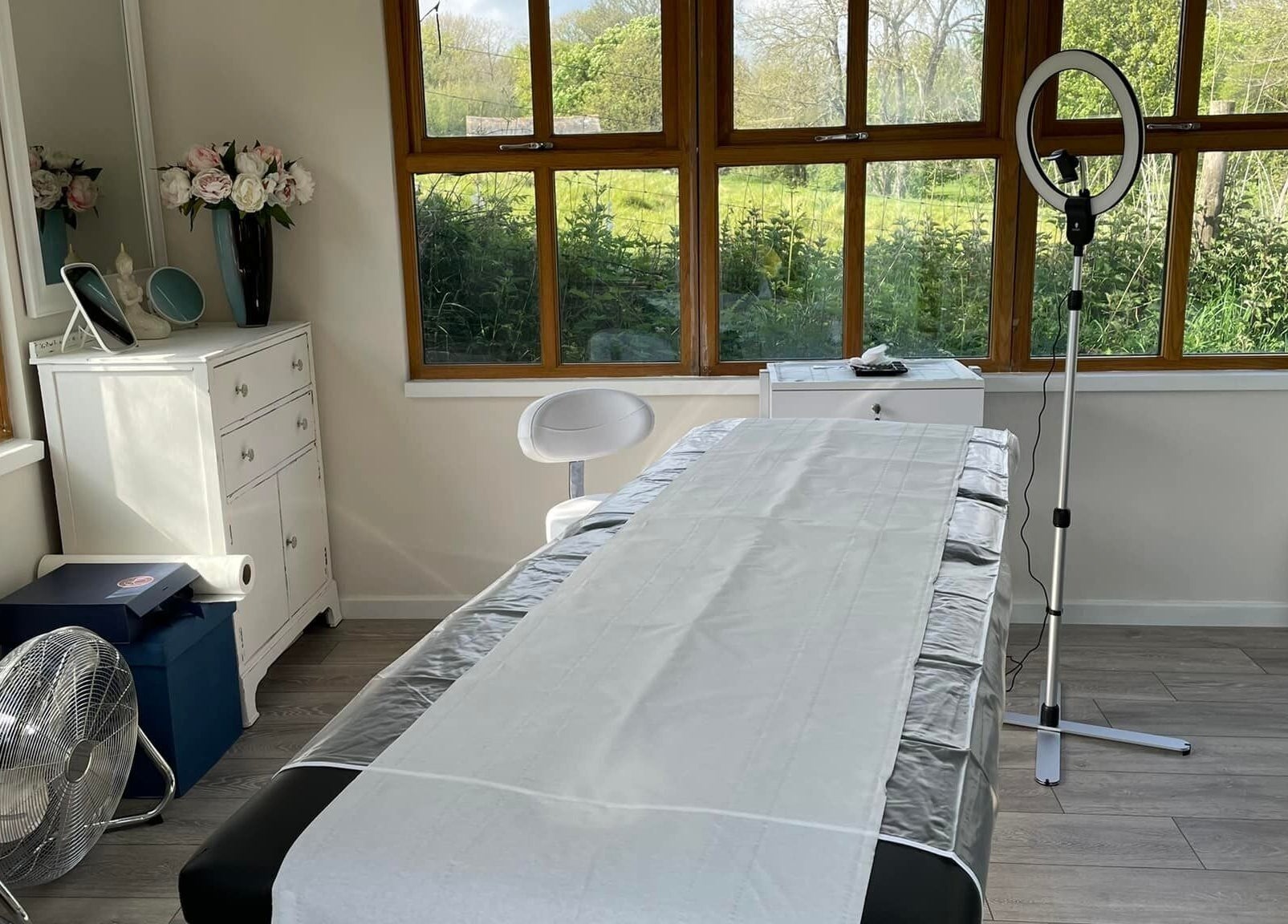 Bright and tranquil treatment room at Rachael Loco Permanent Makeup, Dorchester, England, GB.