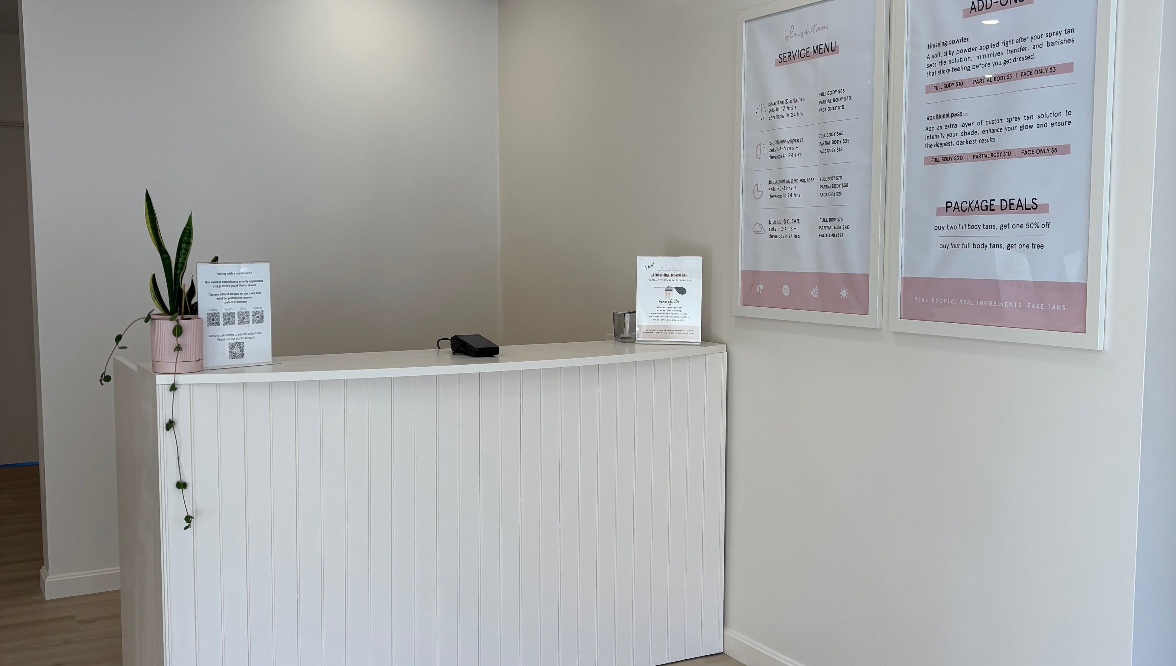 BlushTan Worcester reception area with service menu displayed, Worcester, Massachusetts, US.