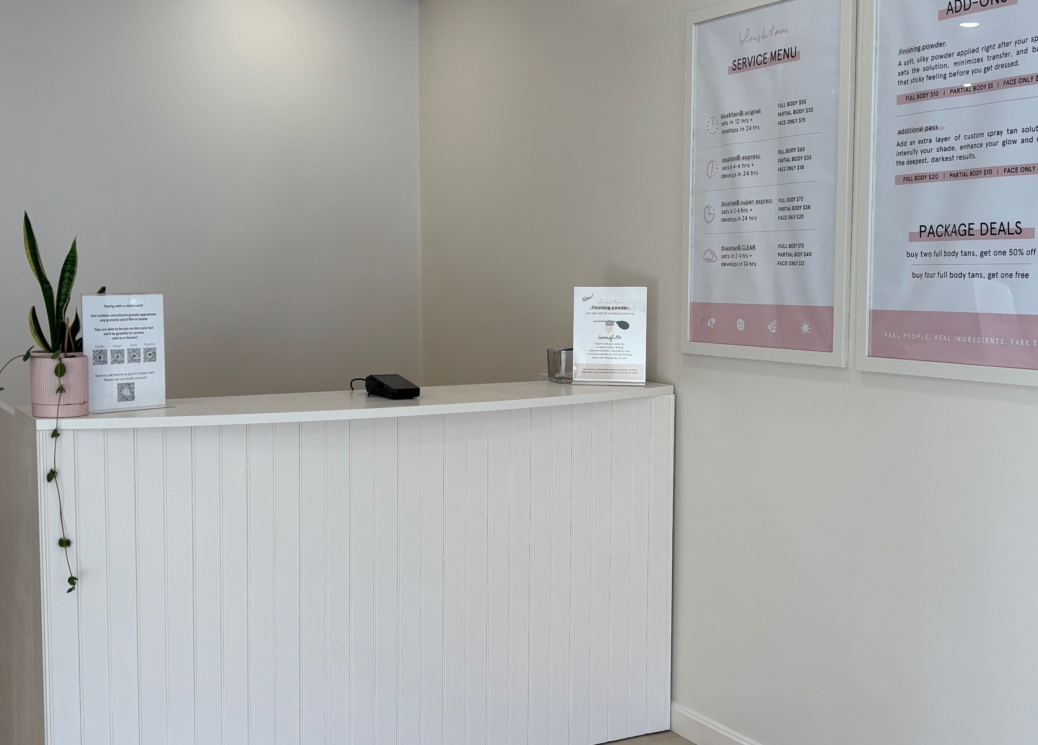 BlushTan Worcester reception area with service menu displayed, Worcester, Massachusetts, US.