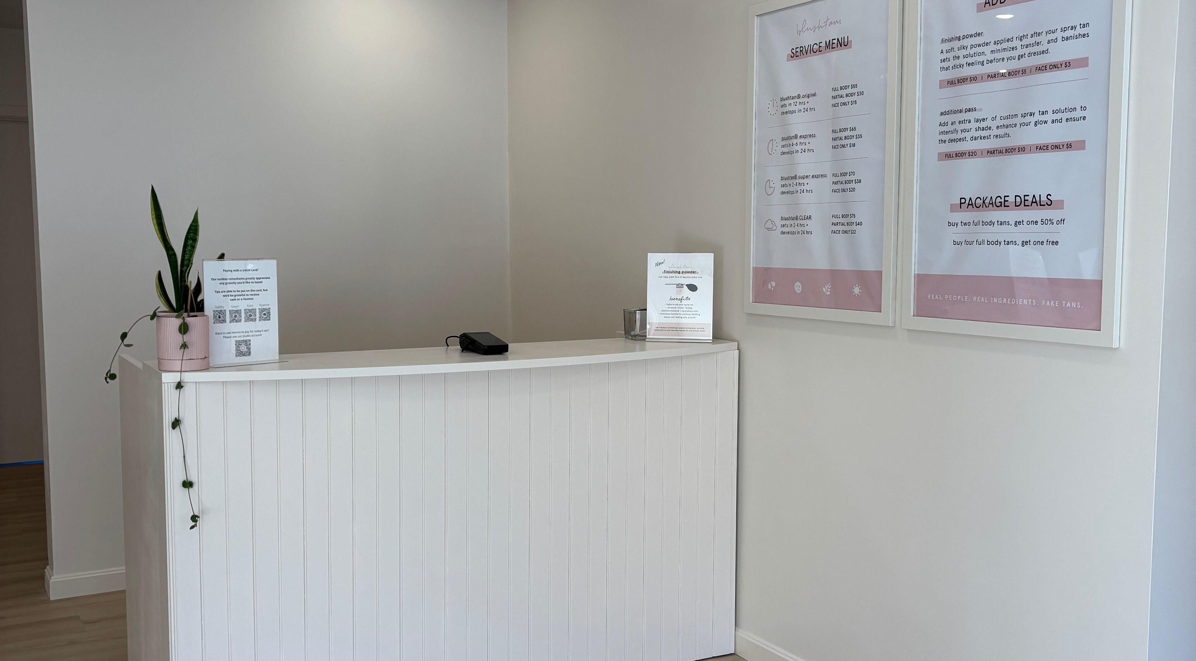 BlushTan Worcester reception area with service menu displayed, Worcester, Massachusetts, US.