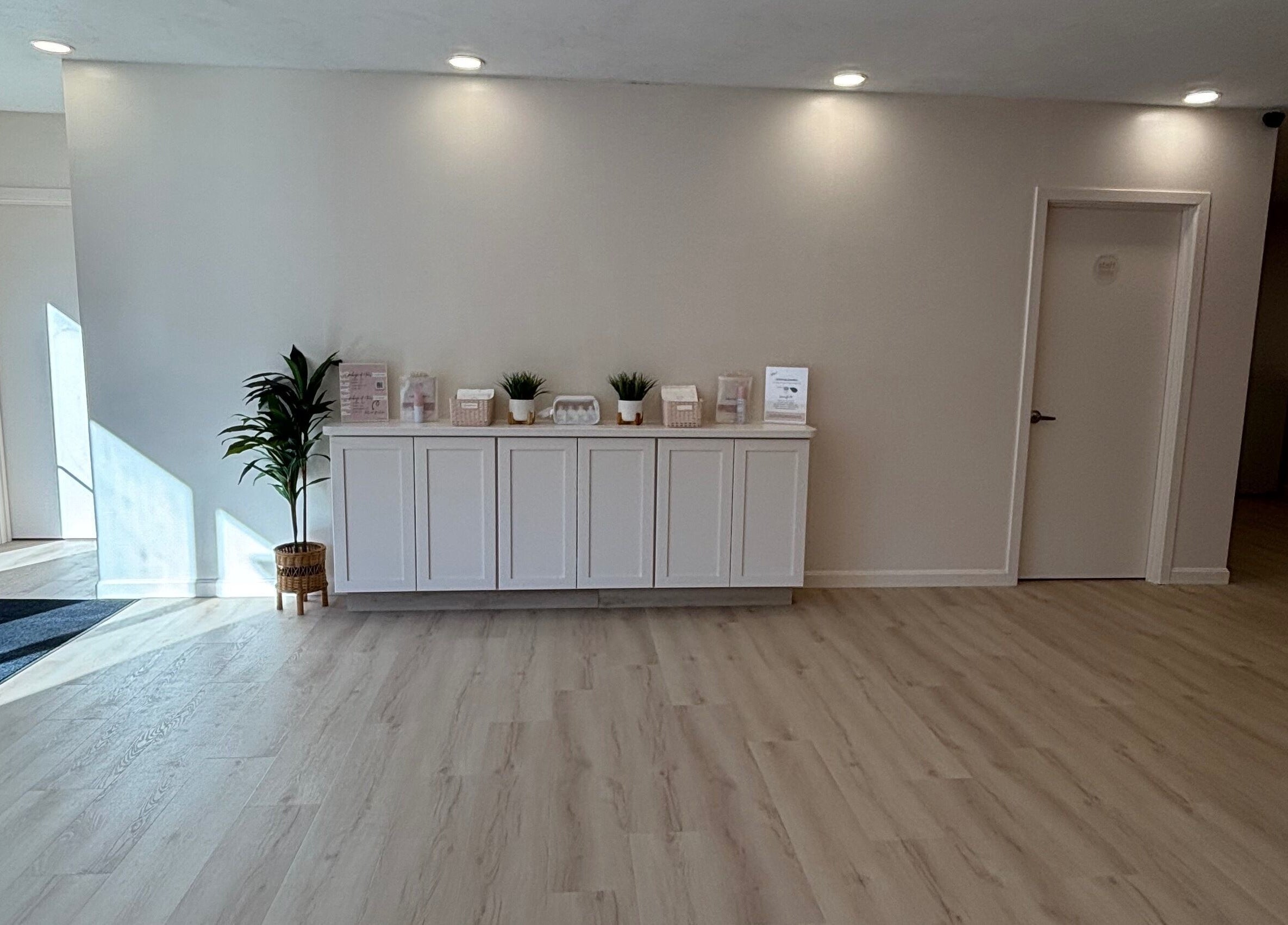 Modern reception area at BlushTan Worcester, Massachusetts, US with light wood floors and elegant decor.