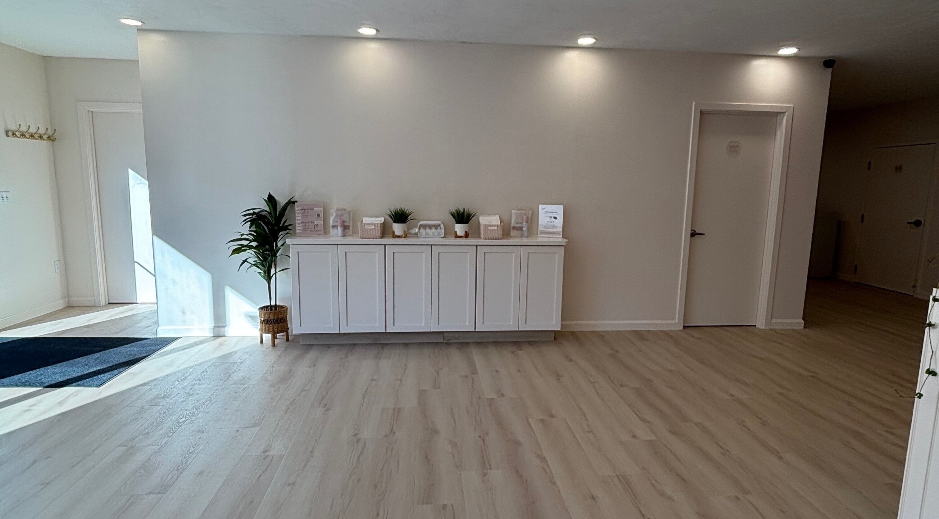 Modern reception area at BlushTan Worcester, Massachusetts, US with light wood floors and elegant decor.