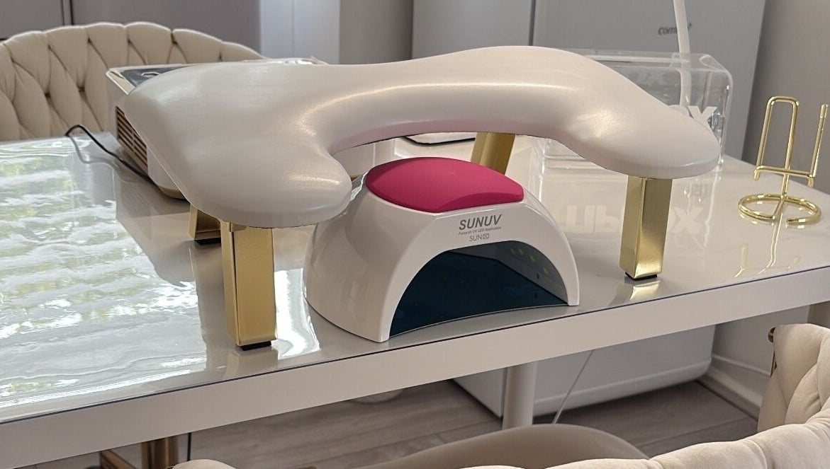UV nail station with elegant chairs at BeautyGaze, London, England, GB, for premium manicure services.