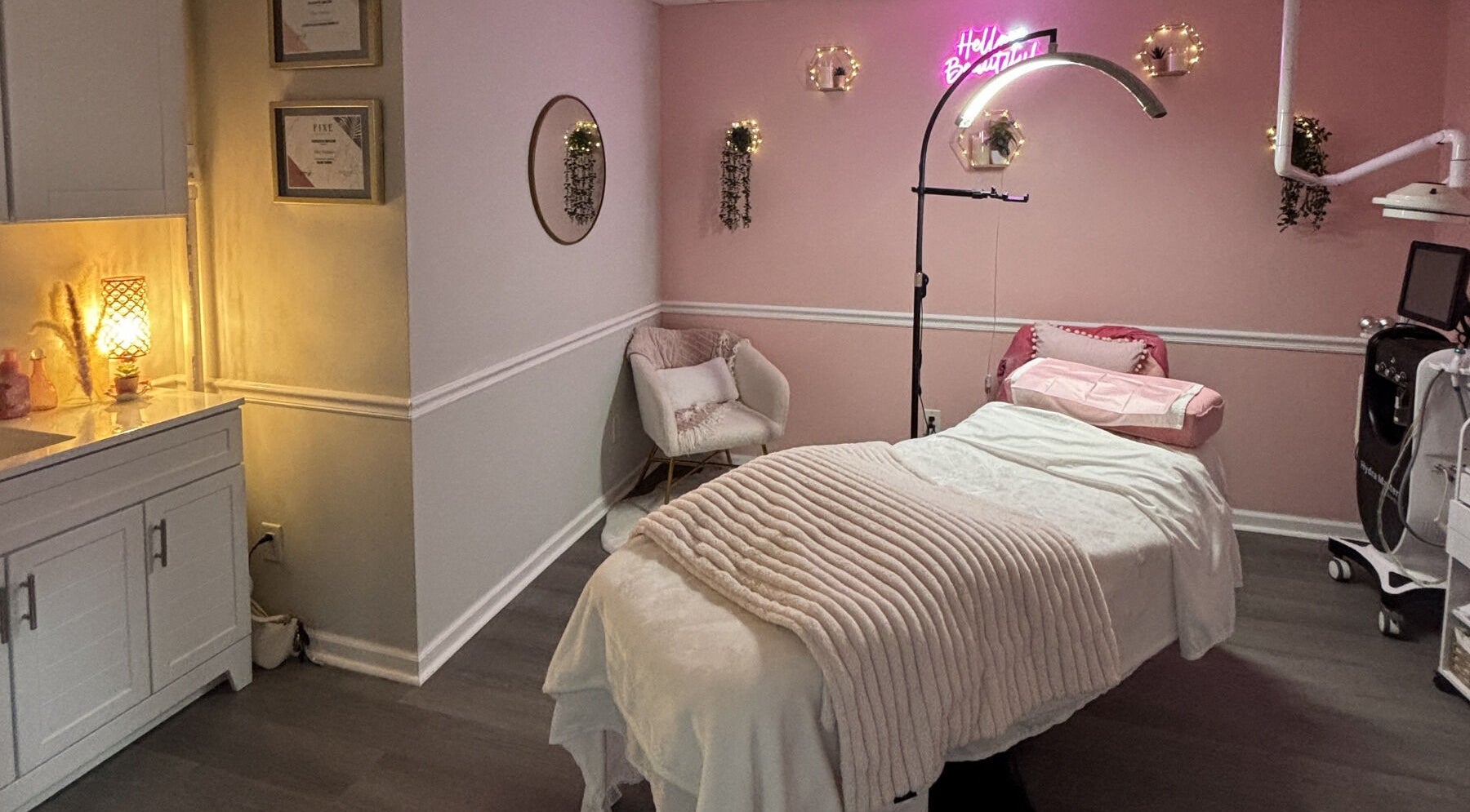 Calming treatment room at My Pretty Face Studio, Vero Beach, Florida, US with plush bedding and soft lighting.