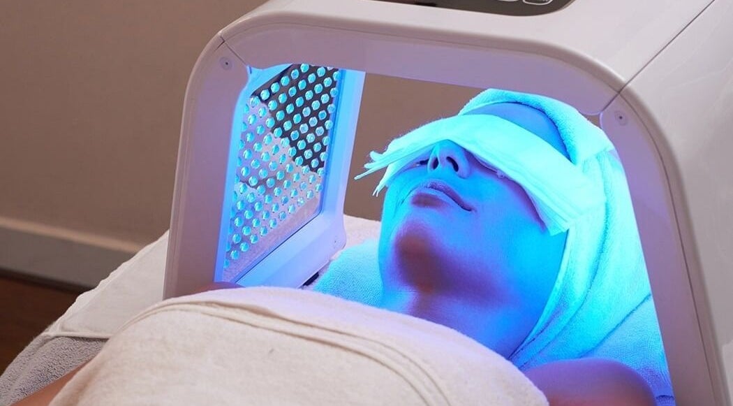 LED light therapy session at My Pretty Face Studio in Vero Beach, Florida, US.