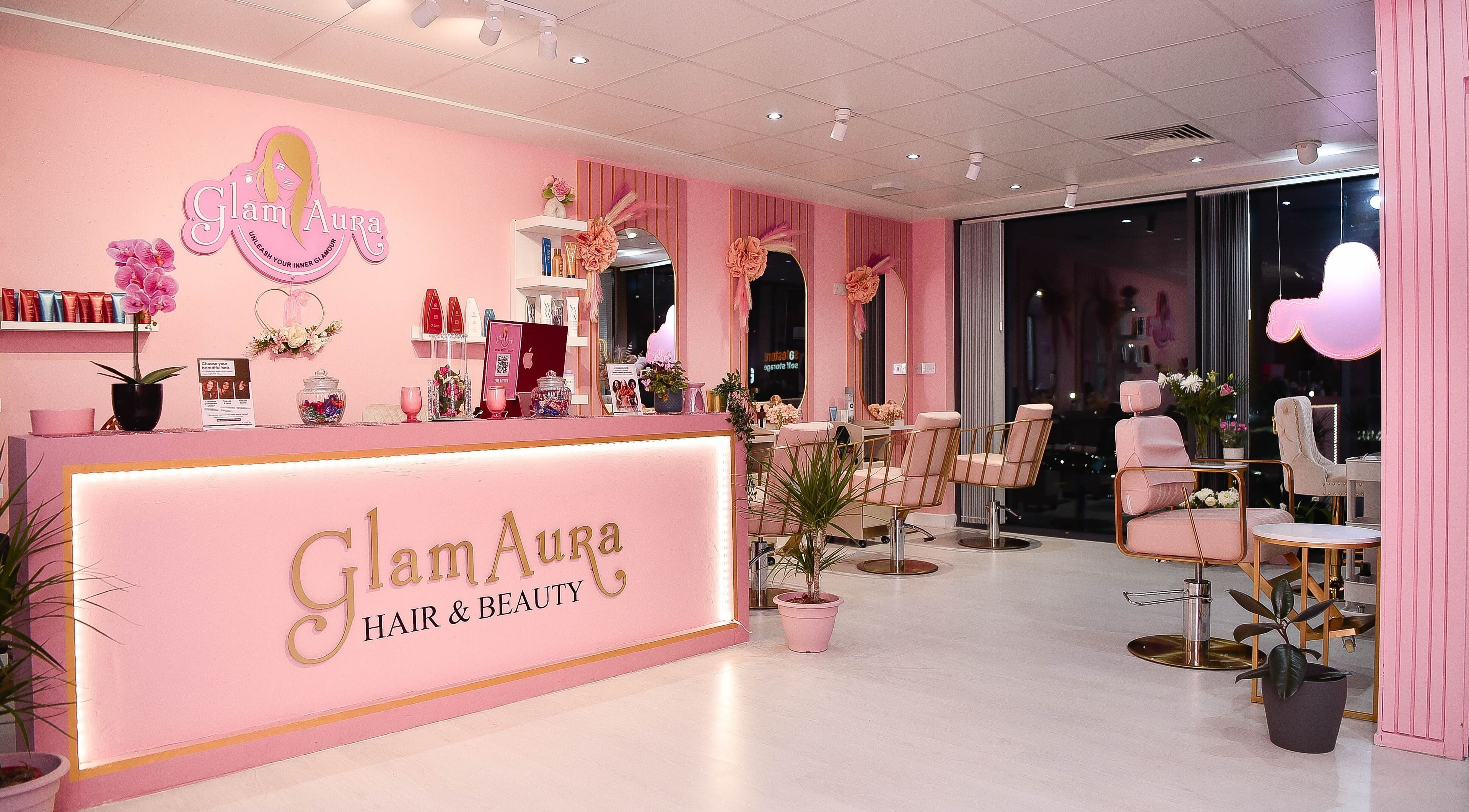 Interior of Glam Aura Hair and Beauty in Manchester, England, GB featuring elegant décor and salon setup.