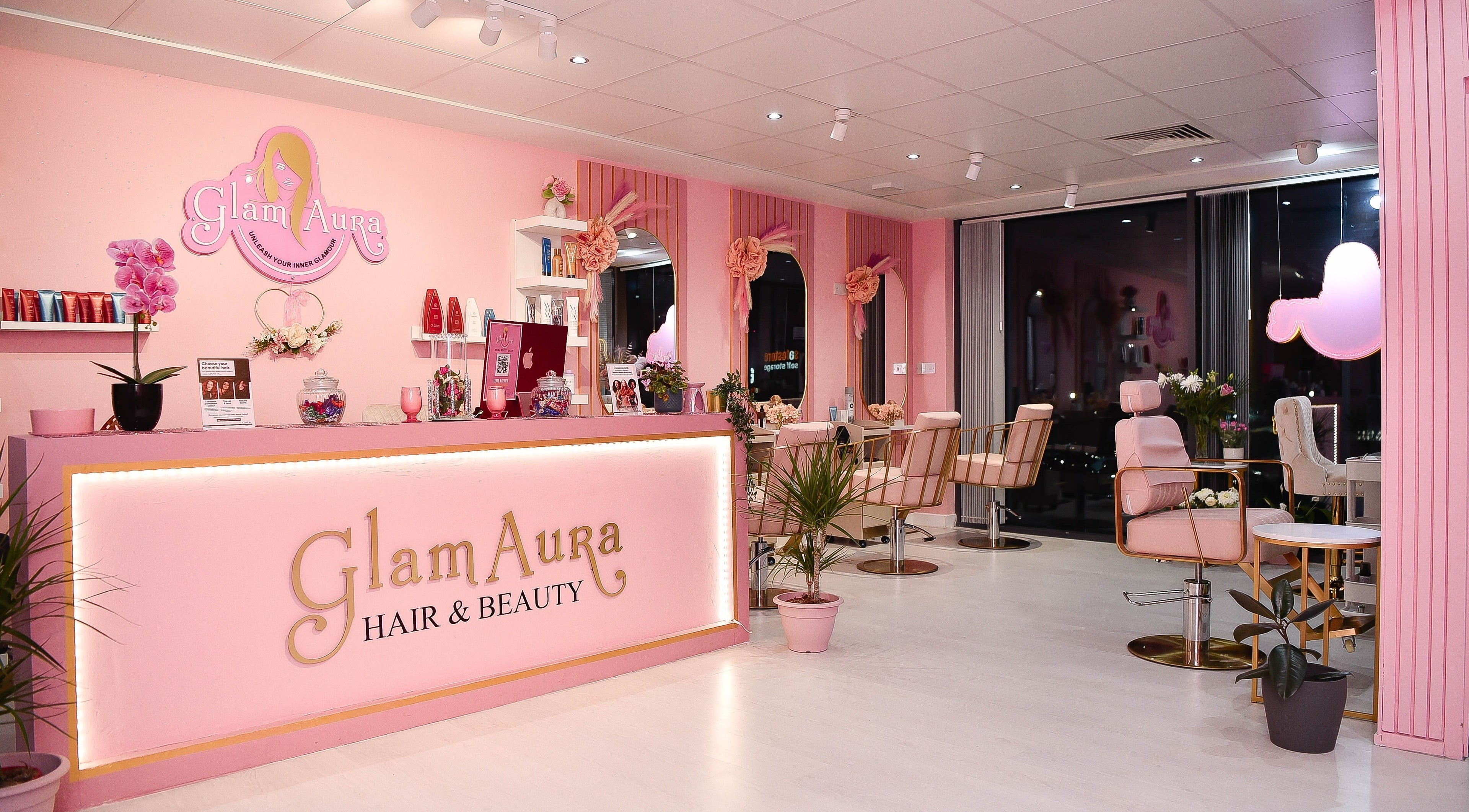 Interior of Glam Aura Hair and Beauty in Manchester, England, GB featuring elegant décor and salon setup.