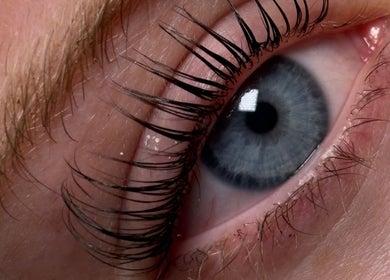 Close-up of enhanced eyelashes at Pretty by Millie, Bewdley, England, GB showcasing precision beauty care.