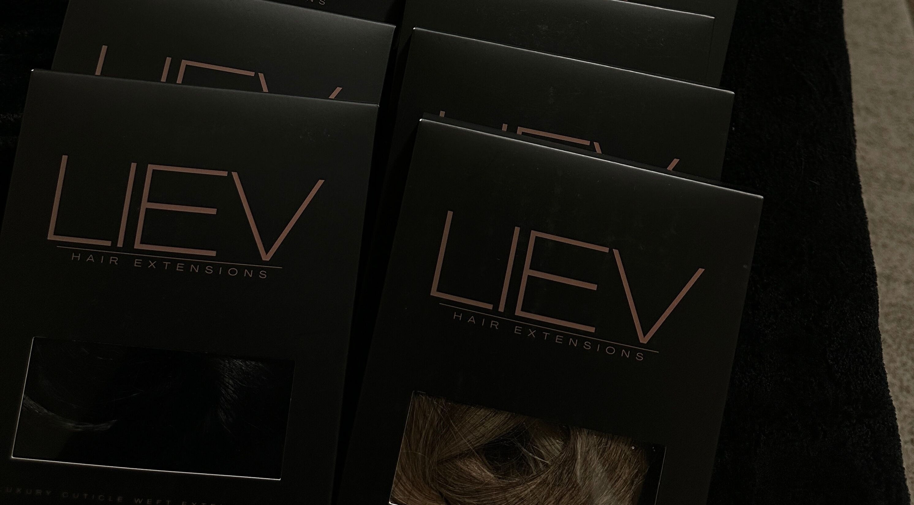 Liev Salon hair extensions packaging on display in Tulare, California, US.